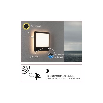 Sieninis šviestuvas Lamina Backlight 14,5W su judesio davikliu, kvadratinis juodas