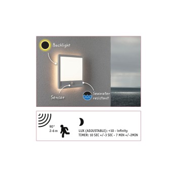 Sieninis šviestuvas Lamina Backlight 14,5W su judesio davikliu, kvadratinis baltas